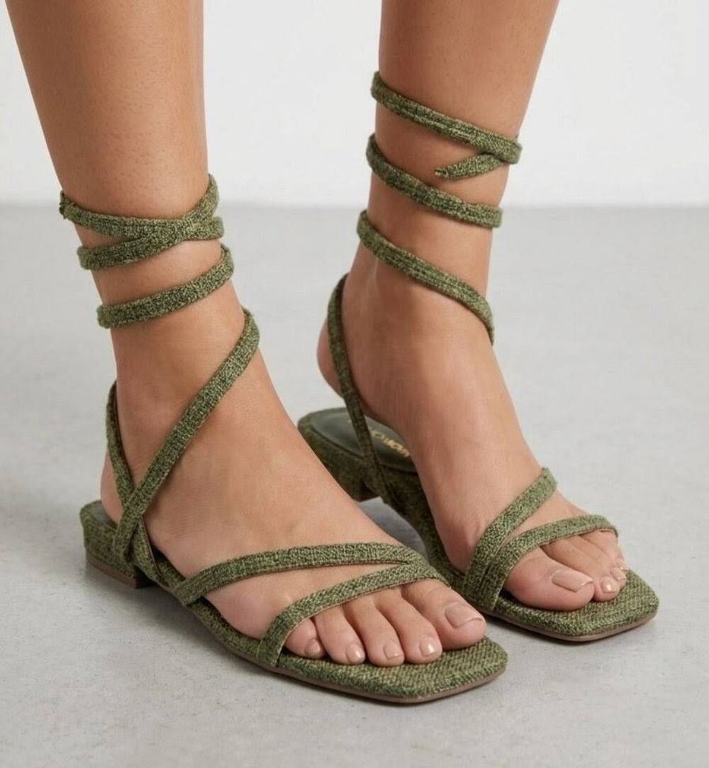 Fashion Nova Erika Green tweed coiled ankle wrap sandals womens 9 NIB